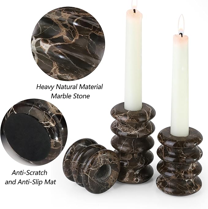 Vixdonos Marble Candle Holder Set of 3 Taper Candle Candlestick Mantle Candle Stand for Home Decor,Wedding,Party and Table Centerpieces(Brown)
