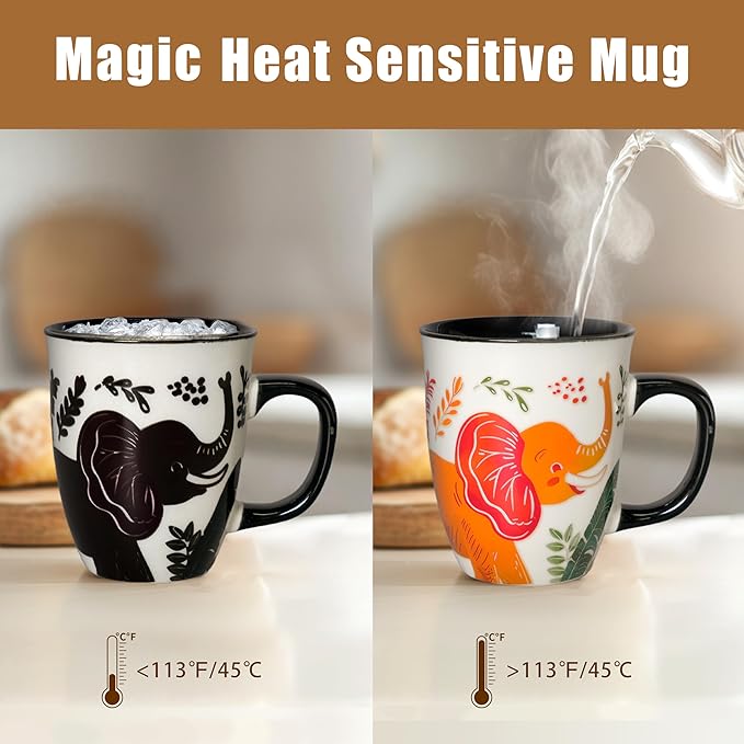 Color Changing Elephant Mug 16oz - Heat Sensitive Cup for Tea Cocoa Milk, Funny Ceramic Coffee Mugs, Birthady Gifts for Women man