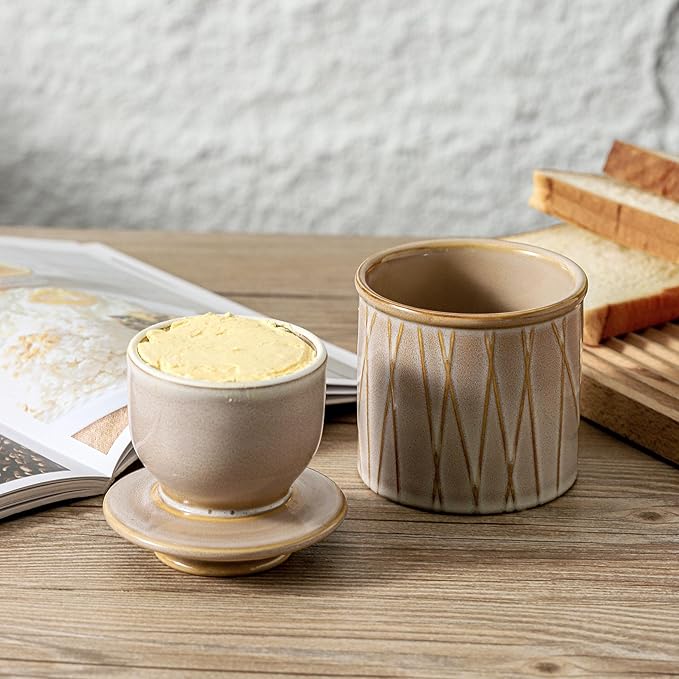HVH Ceramic Butter Crock with Water Line, French Butter Dish with Lid for Countertop, Butter Keeper for Counter, Butter Holder for Soft Butter, Irregular Striped (Sand Color, 4x4)