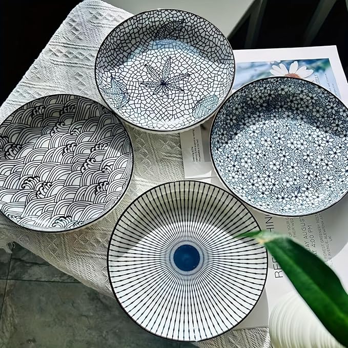 FENGHUI Set of 4 Ceramic Plates, 8 Inch Dinner Plates, Salad Plates, Dessert Plates, Home Dorm Kitchen Dining Room Suitable for use in microwave ovens and dishwashers