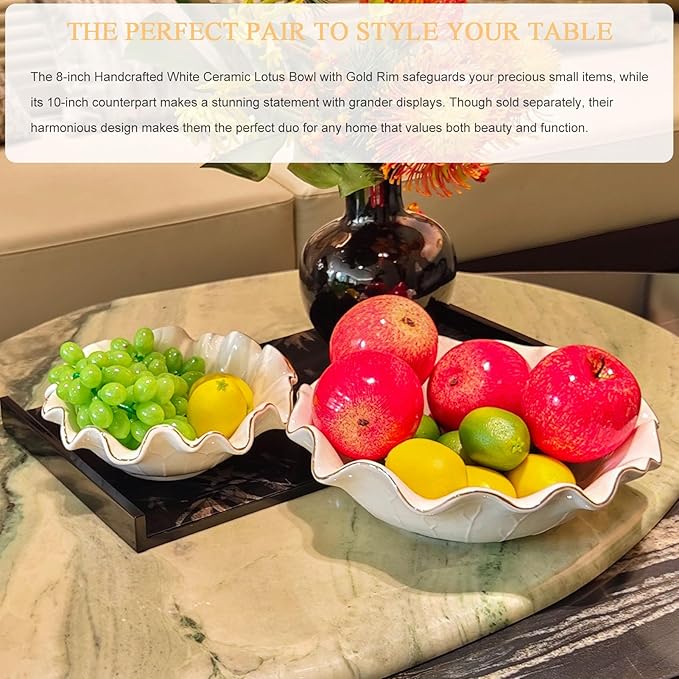 Handcrafted 8" White Ceramic Ruffle Bowl with Gold Trim – Modern Lotus Design, Small Shallow Decorative Bowl for Kitchen Counter & Key Holder for Entryway Table, Catch-All for Home Decor