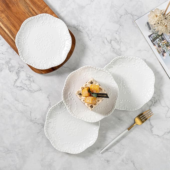 White Small Dessert Plates Set of 4,Ceramic Dinner Plates 6 Inch for Appetizer, Fruits, Cake, Salad,Microwave Safe,Christmas Gift