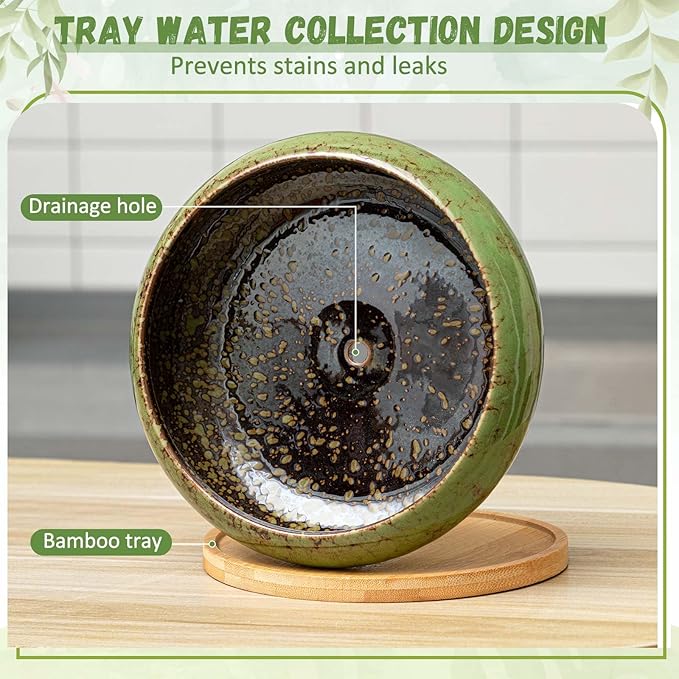 2 Pack 7.3 Inch Round Large Shallow Succulent Ceramic Planter Pots with Drainage Hole Drip Glazed Shallow Bonsai Pot with Bamboo Tray for Indoor Outdoor Plants Decor Cactus Flower