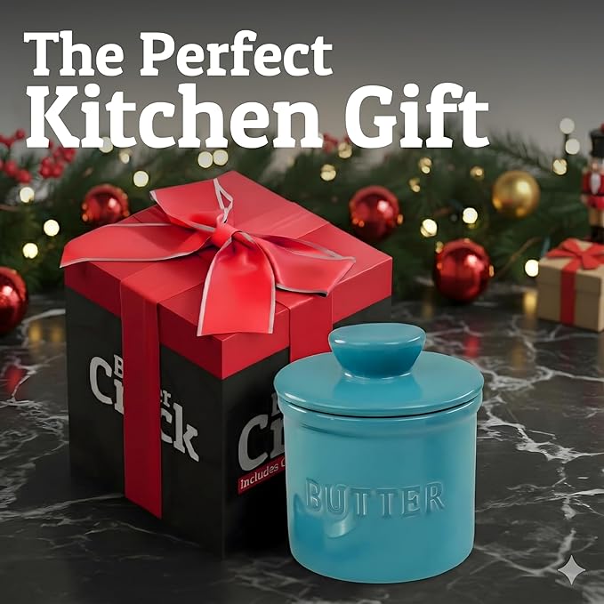 PriorityChef Butter Crock with Lid with Water Line, Ceramic French Butter Dish to Leave On Counter, Turquoise