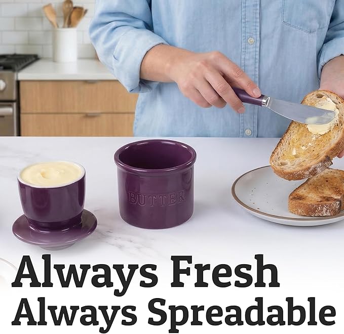 PriorityChef Butter Crock with Lid with Water Line,Ceramic French Butter Dish to Leave On Counter, Purple