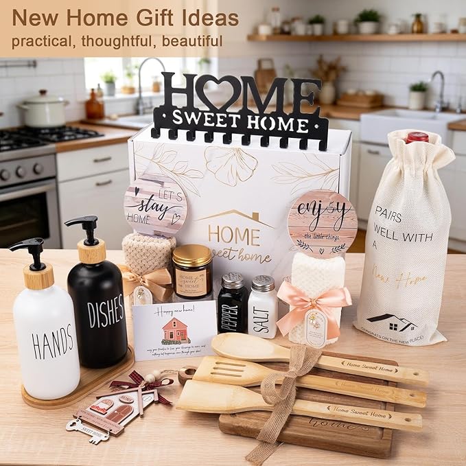 House Warming Gifts New Home, 19pcs New Home Gift Basket For Homeowners, Couple Women Neighbor - Includes Decoration, Kitchenware, Towel, Greeting Card, First Time Home Buyer Gift, Housewarming Gifts