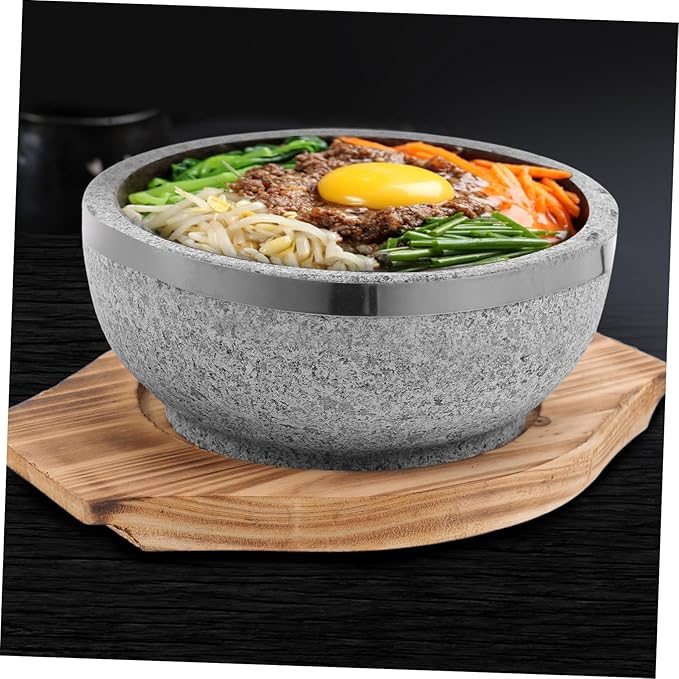 1set Korean Stone Pot - Natural Stone Bowl for Authentic Dishes No Coating Wood Base for Bibimbap Soup and Stews