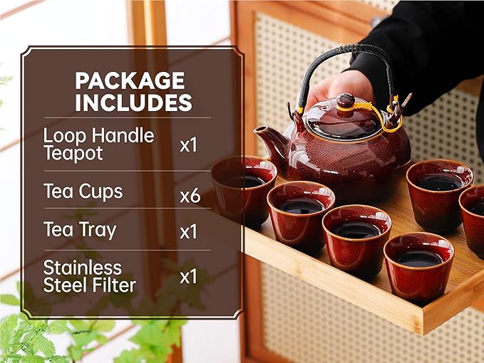 Japanese Tea Set for Adults, Porcelain Kung Fu Tea Set with 1 Teapot (23.5oz/700ml), 6 Tea Cups(4oz/120ml), Tea Tray & Stainless Infuser, Japanese Teapot Set Tea Gift Set (Kiln Altered Red)