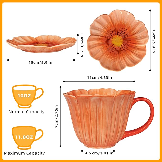 JUSONEY 10 oz Tea Cups and Saucers, Ceramic Flower-shaped Cappuccino Cup, Latte Cup and Saucer set, elegant floral Espresso Cup set, cups are microwave and dishwasher safe-Orange