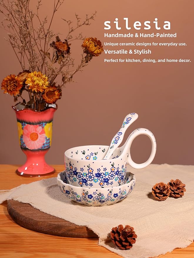 silesia Handmade Loop Handle Soup Bowl, Plate and Spoon Set Ceramic Hand Painted Cereal Bowl Great for Soup, Ice cream, Snack, Stew in Gift Box, Dishwasher & Microwave Safe, Forget Me Not