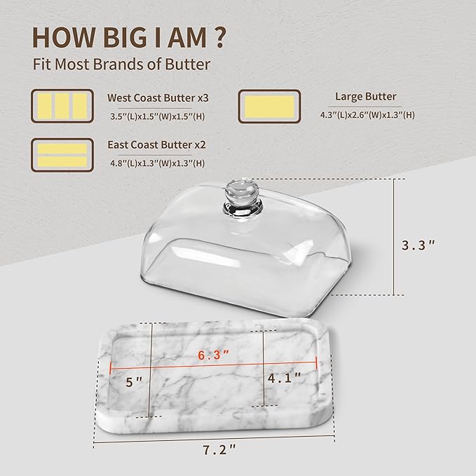 Marble Butter Dish with Lid, Elegant Large Capacity Butter Holder for Countertop & Refrigerator – Natural Cool Surface Keeps Butter in an Ideal Spreadable State – White Butter Container