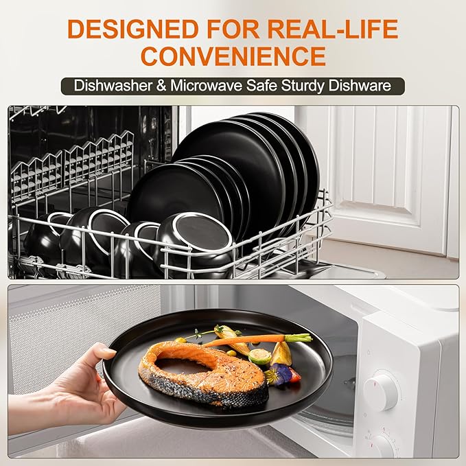 EWFEN Plates and Bowls Sets, 24 Pieces Ceramic Dinnerware Set for 8, Stoneware Dishware Dishes Set, Scratch Resistant Dishes Set, Dishwasher & Microwave Safe, Black