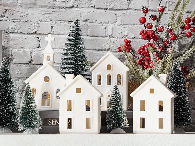 9 Pcs Christmas Village Figurines Sets - 4 Lighted Ceramic Houses with Remote Control & 5 Trees - Christmas Decorations Indoor - White Xmas Holiday Farmhouse Rustic Decor for Home Table Room