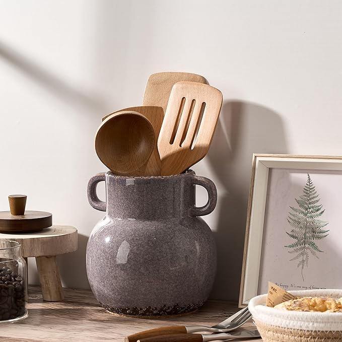 JIEMEI HOME Kitchen Utensil Holder with Handle, 6.85" Ceramic Farmhouse Stable Utensil Crock for Countertop, Utensil Organizer with Cork Bottom, Spatula Holder For Kitchen Decor, Purple