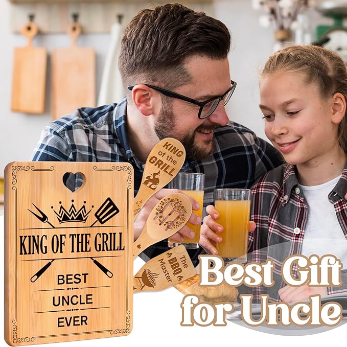 Best Uncle Gifts - "King of The Grill, Best Uncle Ever" Uncle Birthday Gifts Cutting Board Set, Bamboo-Made Engraved Utensil Set, Gifts for Uncle
