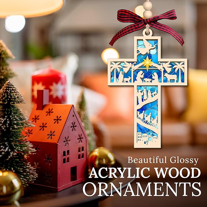 HEXMOZ Nativity Cross Ornament for Christmas Tree - Religious, Christian Christmas Ornaments 2025 Gifts for Family - Acrylic Wood Nativity Scene Cross, Jesus Hanging Ornament, Holy Family Decoration