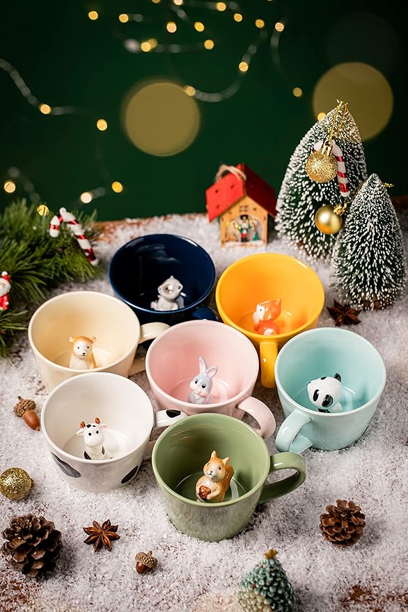 DIHOclub Racoon Ceramic Cup Hidden 3D Animal Inside Mug,Cute Cartoon Handmade Figurine Mugs,Holiday and Birthday Gift for Coffee Milk Tea Lovers,12 OZ(Dark Blue)