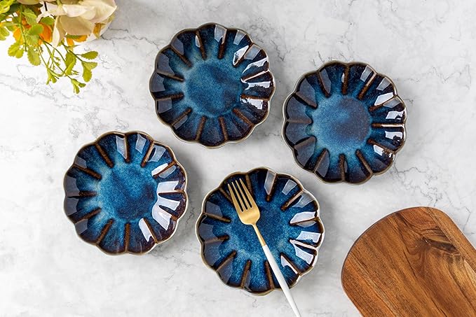 Small Dessert Plates Set of 4,Ceramic Dinner Plates 5.7 Inch for Appetizer, Fruits, Cake, Salad,Microwave Safe,Christmas Gift,Flambe Blue
