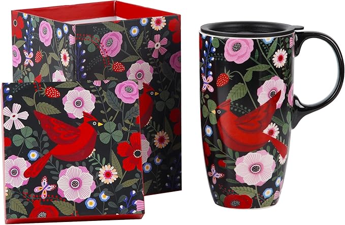 Topadorn Ceramic Travel Mug Cardinal Bird Porcelain Latte Tea Cup Coffee Mug with Matched Box, 17oz.
