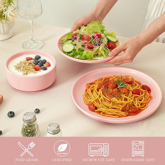 10.25-Inch Dinner Plates Set of 4, Dual Glaze Stoneware Plates, Microwave and Dishwasher Safe, Ceramic Plates for Everyday Dining, Pink