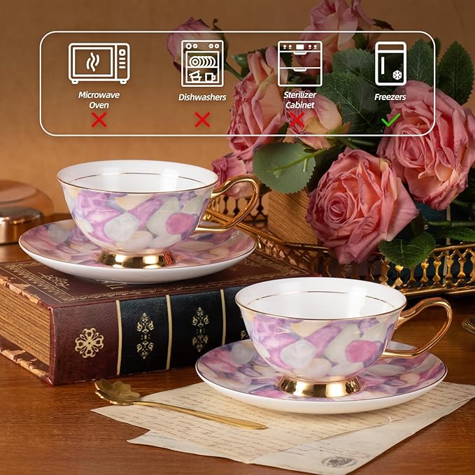 KAMMAK Tea Cups and Saucers Set of 2, Fine Bone China Coffee Cups, Stackable Espresso Mugs, Ceramic Demitasse for Coffee, Cappuccino, Latte, Americano, Tea, Pebble