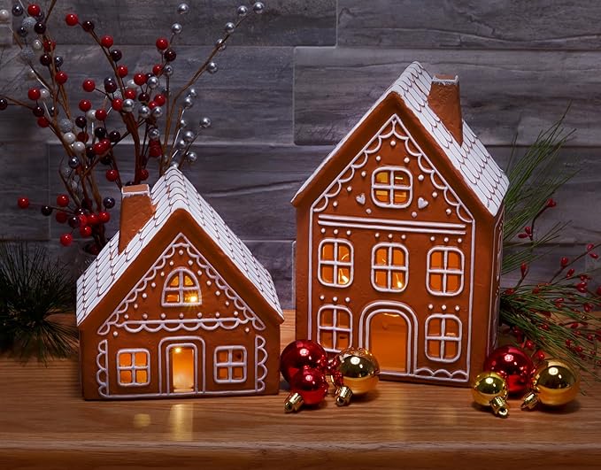 Mark Feldstein & Associates Ceramic Iced Gingerbread Houses Holiday Pre Lit LED Village Figurines, Set of 2, 9 Inch