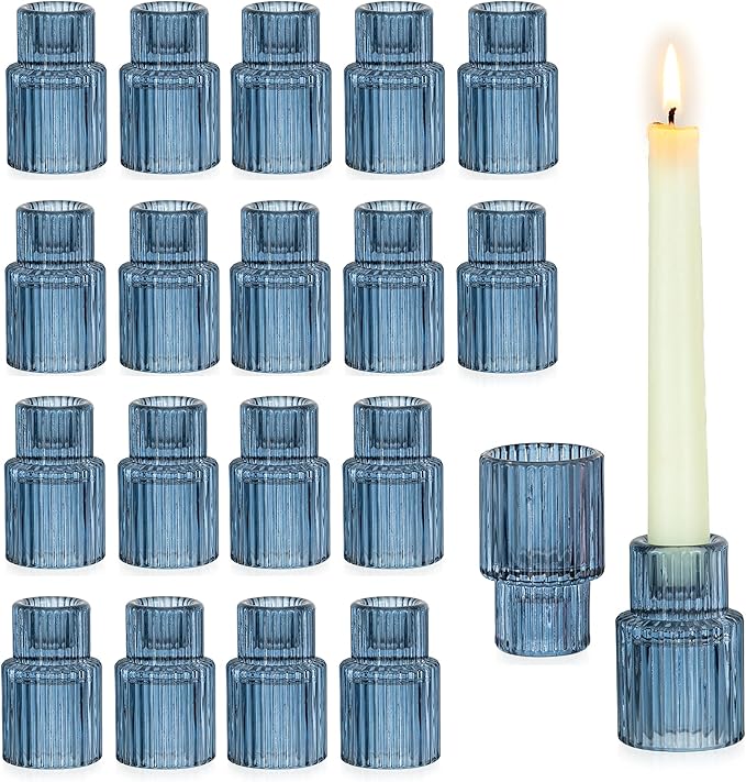 Glasseam Candle Sticks Holder Decor: Set of 20 Blue Ribbed Glass Candle Holder Modern Fluted Taper Candle Holders Bulk for Table Centerpiece Wedding Decorations Dinner Party Home Decor