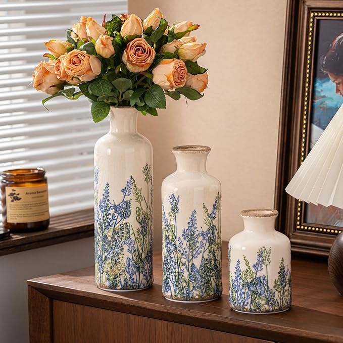 Vintage Floral Pitcher Vase with Handle, Ceramic Farmhouse Flower Vase French Country Decor, Rustic Table Centerpiece, Grand Millennial Tuscan Home Decor for Living Room, Bookshelf (Blue-007)