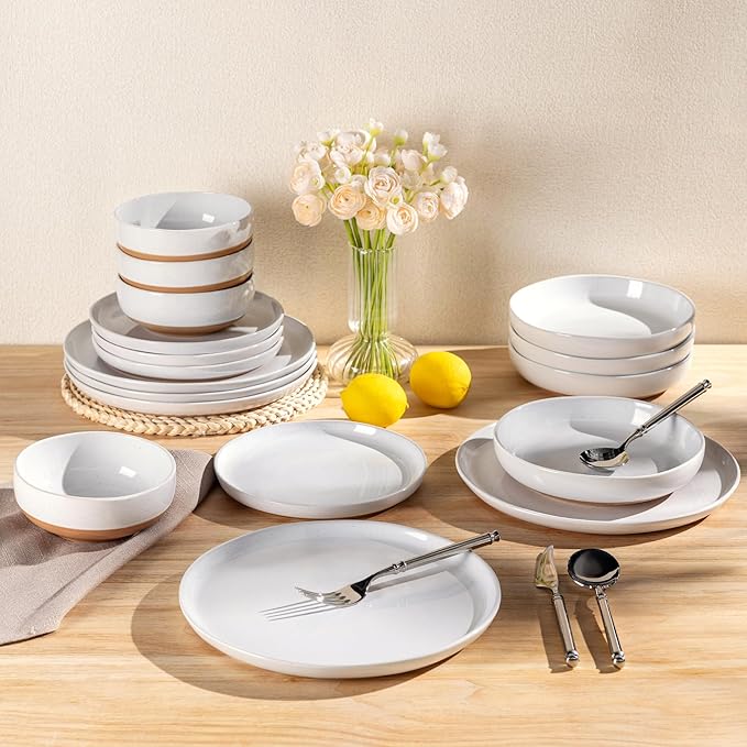 AmorArc Ceramic Dinnerware Sets for 4, 12 Pieces Handpainted Plates and Bowls Set with Rustic Terracotta Underside, Scratch Resistant Stoneware Dishes Set, Dishwasher & Microwave Safe, White