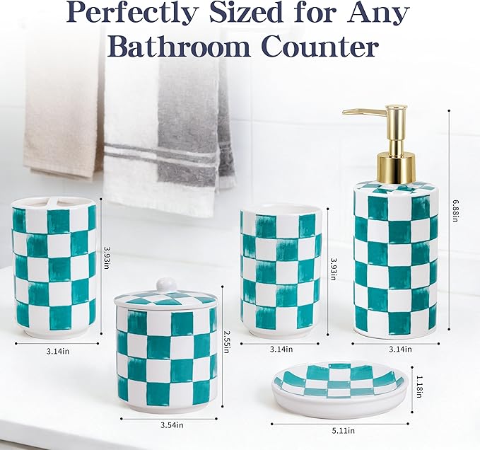 Ceramic Bathroom Soap Dispenser Set, Checkered Bathroom Vanity Set with Lotion Pump, Toothbrush Holder, Soap Dish & Storage Jar, Modern Bathroom Sink Accessories (Green)