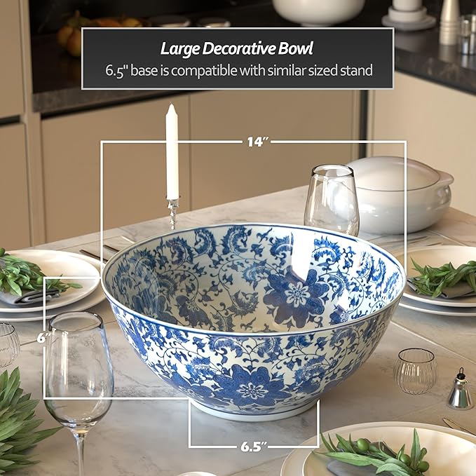 Red Lantern 14" Floral Blue & White Porcelain Bowl Vase for Centerpiece in Kitchen Dining Living Room Bedroom with Boho Eclectic Modern Contemporary Classic Traditional Style Decor