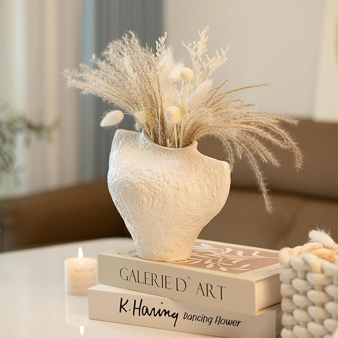 White Ceramic Vase, Modern Farmhouse Style for Table, Kitchen, Bookshelf, Entryway, Counter, Vanity Decor, Stone Textured Small Artistic Handmade Vase for Pampas Grass, Flowers