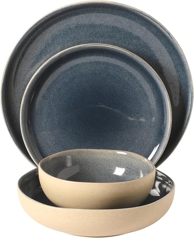 Gibson Elite Manila Bay 16-Piece Stoneware Dinnerware Set, Service for 4, Reactive Glaze Modern Artisan Plates, Bowls & Mugs, Assorted Colors, Round Design