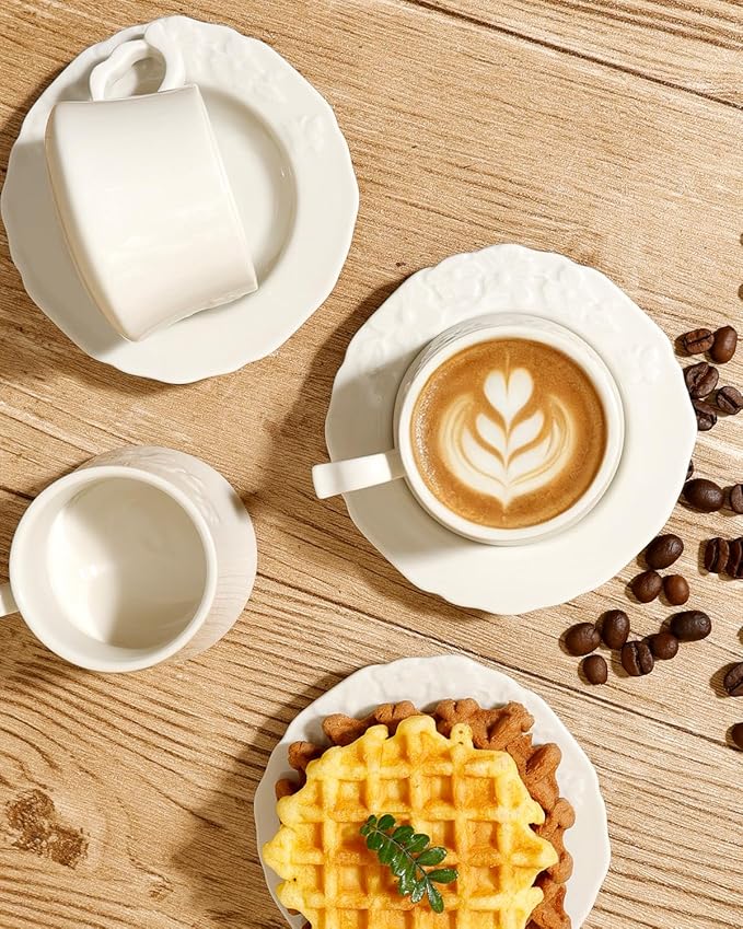 Ceramic Espresso Cups and Saucers Set of 4, Floral Petal Design Cappuccino Cups with Handles, Vintage Style Porcelain Coffee Cup Set, Microwave & Dishwasher Safe(Cream-Flower)