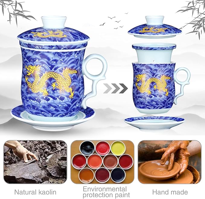 Tea Cup with Infuser Lid and Saucer Sets - Jingdezhen Ceramics Mug Chinese Porcelain Teacup Loose Leaf Tea Brewing System for Home Office Personal Portable Mug TC400 - Blue, 13.5oz / 400ml