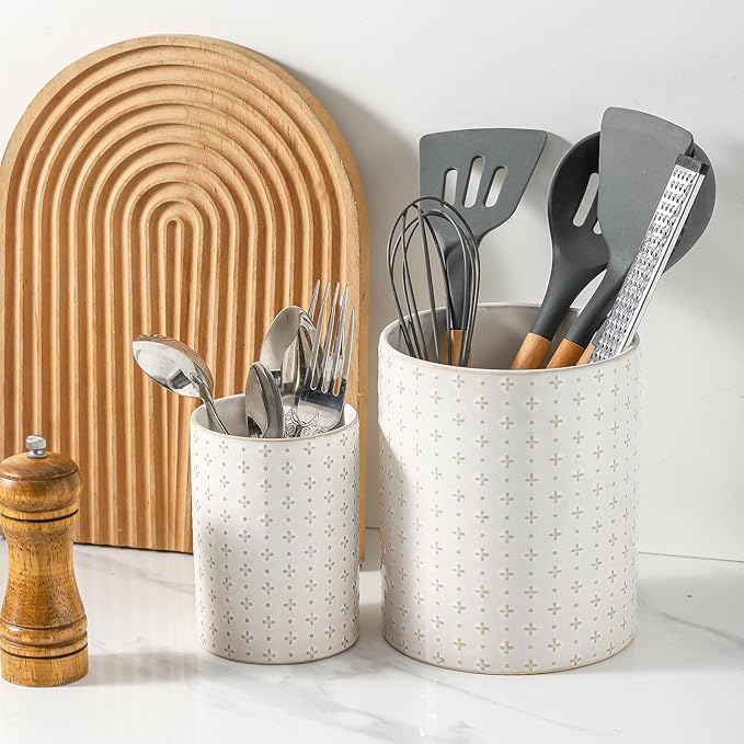 Kitchen Utensil Holder for Countertop, 7.1" + 5.3" Ceramic Cooking Utensil Holder Set of 2, Large Utensil Crocks, Morden Kitchen Tool Tolder for Spatula, Arctic White