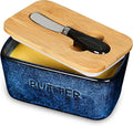 Vicrays Porcelain Airtight Lid Butter Container with Knife - Large Blue Butter Keeper Crock for Countertop