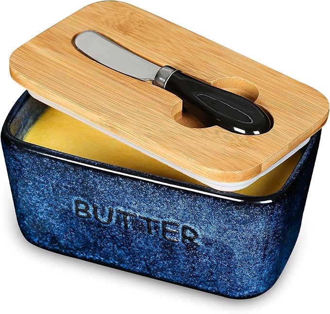 Vicrays Porcelain Airtight Lid Butter Container with Knife - Large Blue Butter Keeper Crock for Countertop