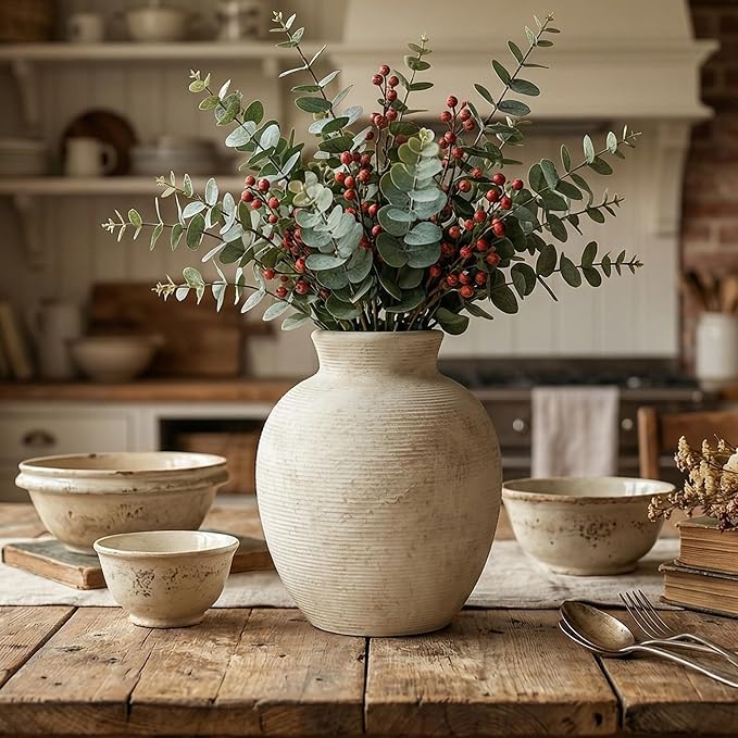 Ceramic Flower Vase Home Decor - 7.4 Inch Vintage Ceramic Vase Large Vases for Decor Living Room Large Ceramic Vase for Dining Room Bathroom Indoor and Outdoor Decoration