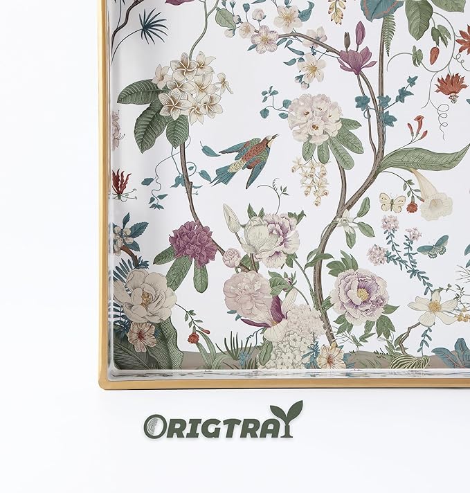 Serving Tray with Handles, Rectangular Plastic Tray 15.75x11.81 Inch, Floral Art with Peony, Hydrangea, Magnolia & Magpie Style Decorative Tray for Kitchen, Dining Table, Vanity, Office & Home