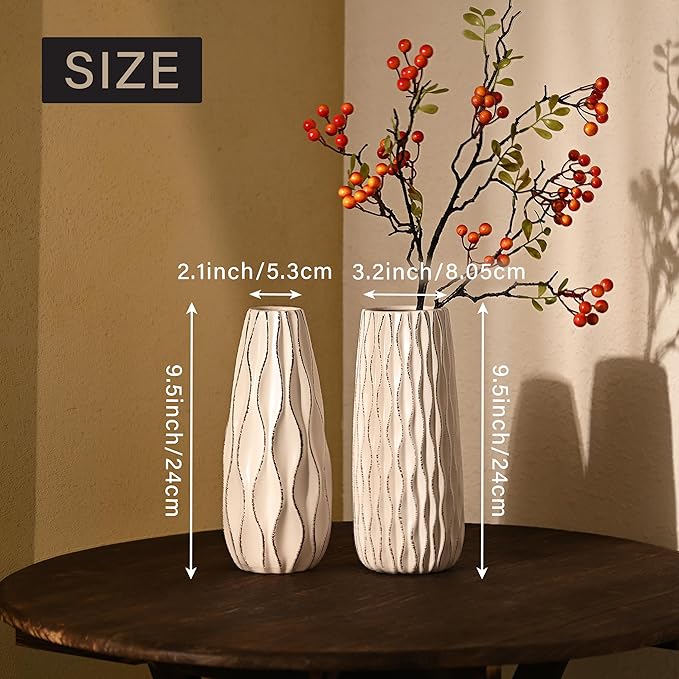 VICTOR & TERESA Ceramic Vase for Flowers, 10'' Set of 2 Decorative White Vases for Home Decor, Farmhouse Vases for Pampas Grass, Table, Mantel, Living Room, Shelf, Centerpieces, Gifts for Her