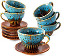 2 oz Espresso Cups Set of 6, Ceramic Cappuccino Cups with Saucers, Stackable Coffee Cup for Macchiato, Single shot, Tea, Coffee Lover Gifts, Glazed Blue