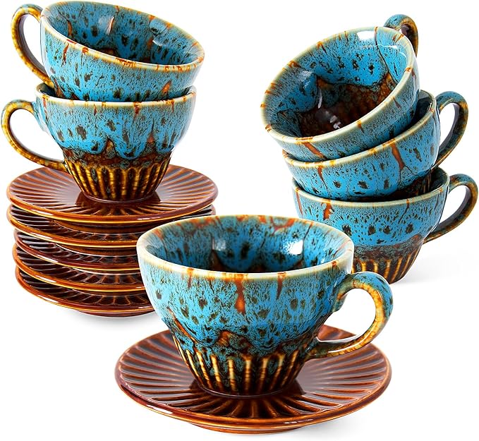 2 oz Espresso Cups Set of 6, Ceramic Cappuccino Cups with Saucers, Stackable Coffee Cup for Macchiato, Single shot, Tea, Coffee Lover Gifts, Glazed Blue