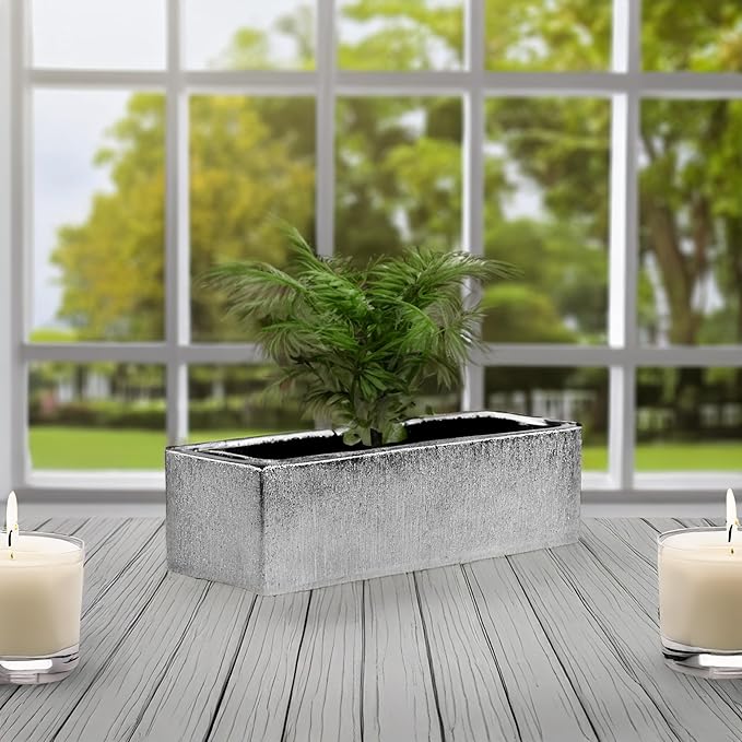 WGVI Long Rectangle Ceramic Planter Vase in Silver Etched 14" x 4" x 4"H, Rectangular Box Block Terrarium Pot, Flower Arrangement, Tabletop Centerpiece, Home Decor Organization Container, 4 Pcs.