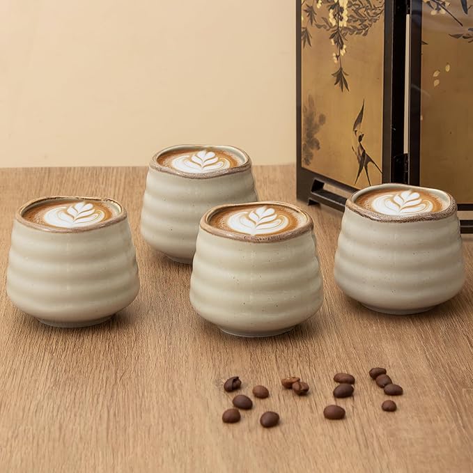 4pcs Japanese Tea Cup Set – 160ml 5.4OZ Ceramic Matcha Cup, Small Handless Espresso Cups, Cute Coffee Mugs for Valentine (Retro Grey)