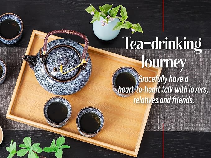 Traditional Japanese tea set, Kiln altered glaze Porcelain tea set with 1 teapot (23.5oz/700ml), 6 teacups (4oz/120ml), 1 Tea Tray,Japanese teapot set, Asian tea sets (Kiln altered Blue)