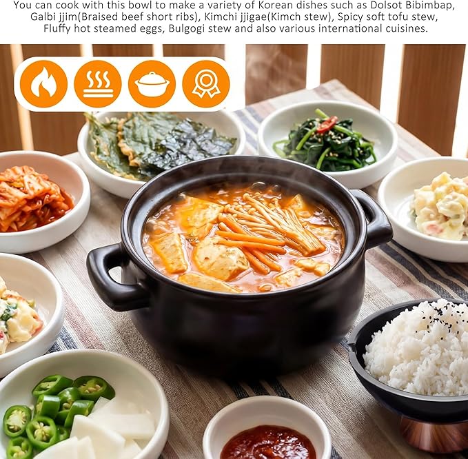 2 Pcs 84 oz Korean Stone Pot Clay Cooking Pot Set Ceramic Dolsot Bowl with Lid, Sizzling Hot Pots for Bibimbap and Soup, Kimchi, Ttukbaegi and Koreans Stew, Microwave Safe Donabe Pots, Black