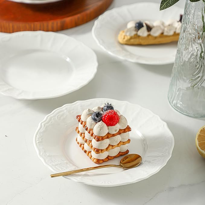 8 Pack Ceramic Dessert Plates Appetizer, 7.5 inch Small Round Dinner Plates, Embossed White Plates Salad Plate for Pancakes, Snacks Side Dish