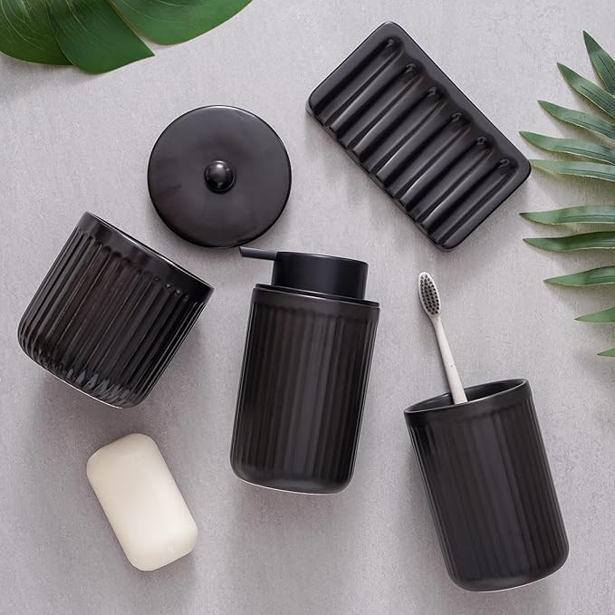 Ceramic Bathroom Accessories Set,Foam Soap Dispenser and Toothbrush Holder Set, Soap Dish, Apothecary Jars,Rustic Farmhouse Decor, Bathroom Home Decor (Black Set, Foam)