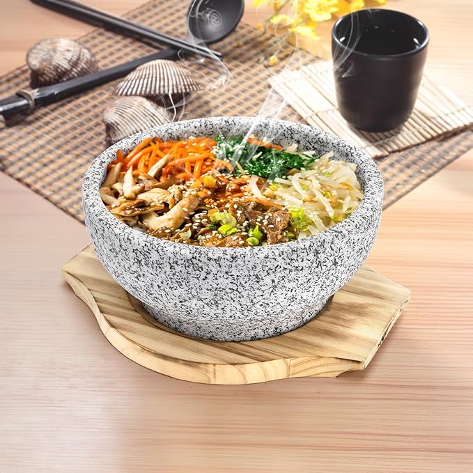 Dolsot Bibimbap Bowl, 27 Oz Korean Stone Bowls Cooking Pot with Wood Tray, Granite Stone Bowl Sizzling Hot Pot for Korean Restaurants, Soup, Rice, Stew